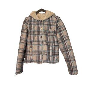 O'Neill Plaid Hood Snap Closure Jacket Convertible Vest Faux Fur Lining M Surfer